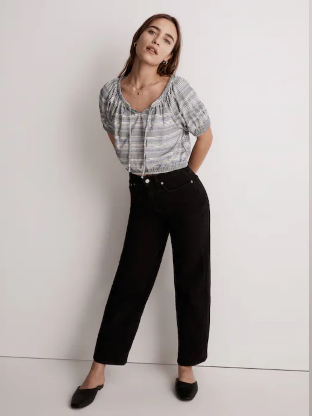 Madewell Jacquard Keyhole Crop Top Stripe Tranquil Ocean Cotton